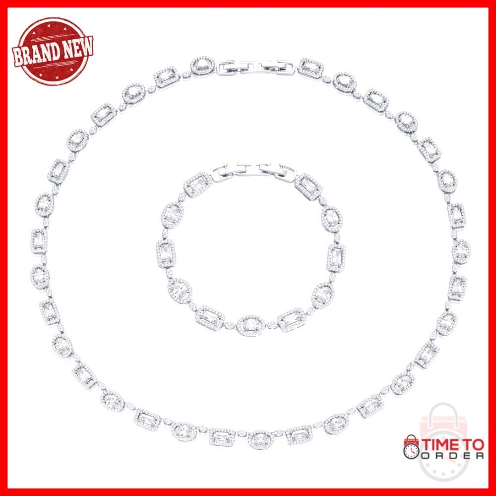 Cubic Zirconia Necklace and Bracelet Set, 18-Inch Silver Chain Tennis Bracelet